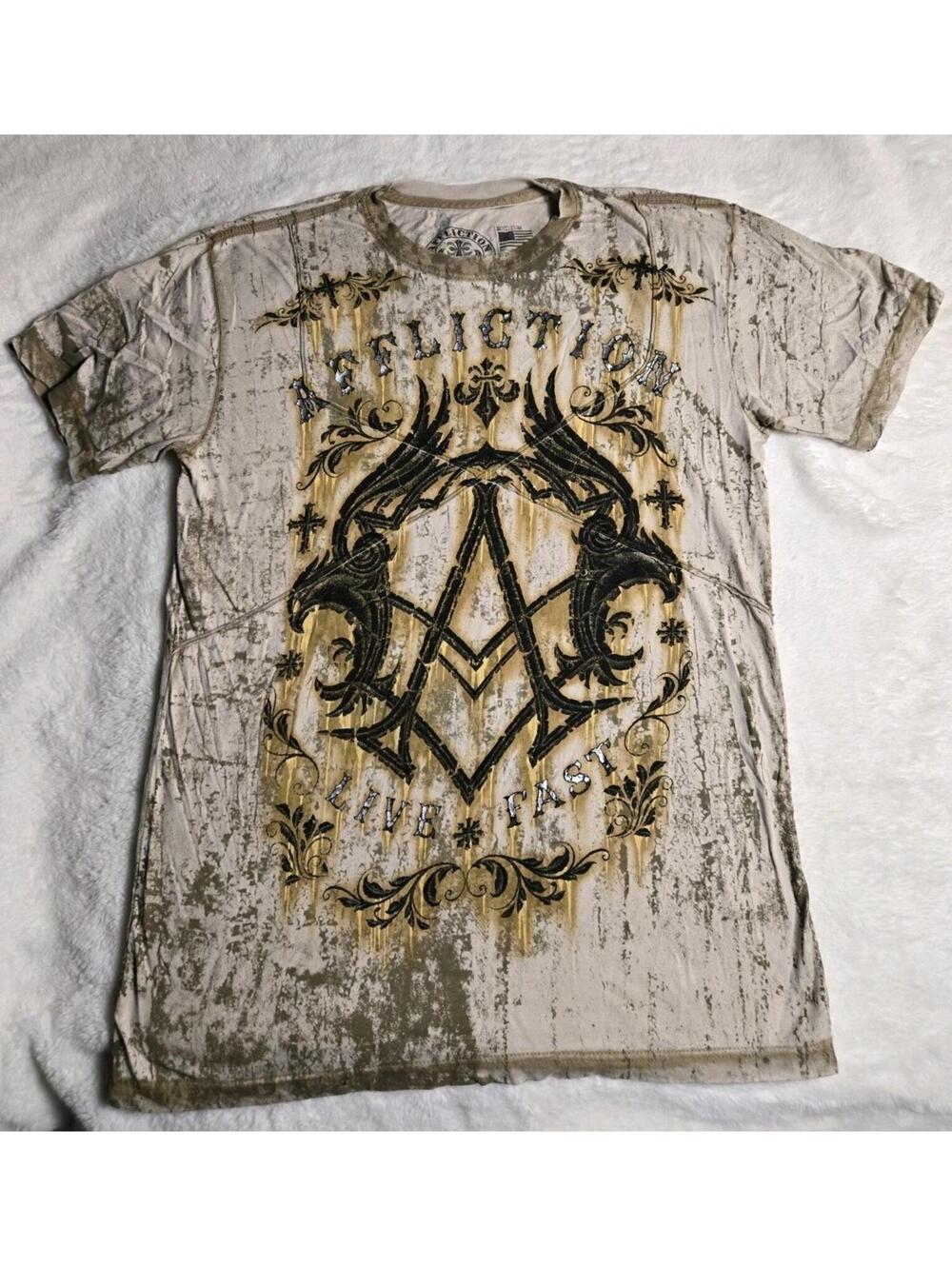Affliction - Brown/Tan Short Sleeve Light Weight Graphic Y2K T-Shirt - Mens Med